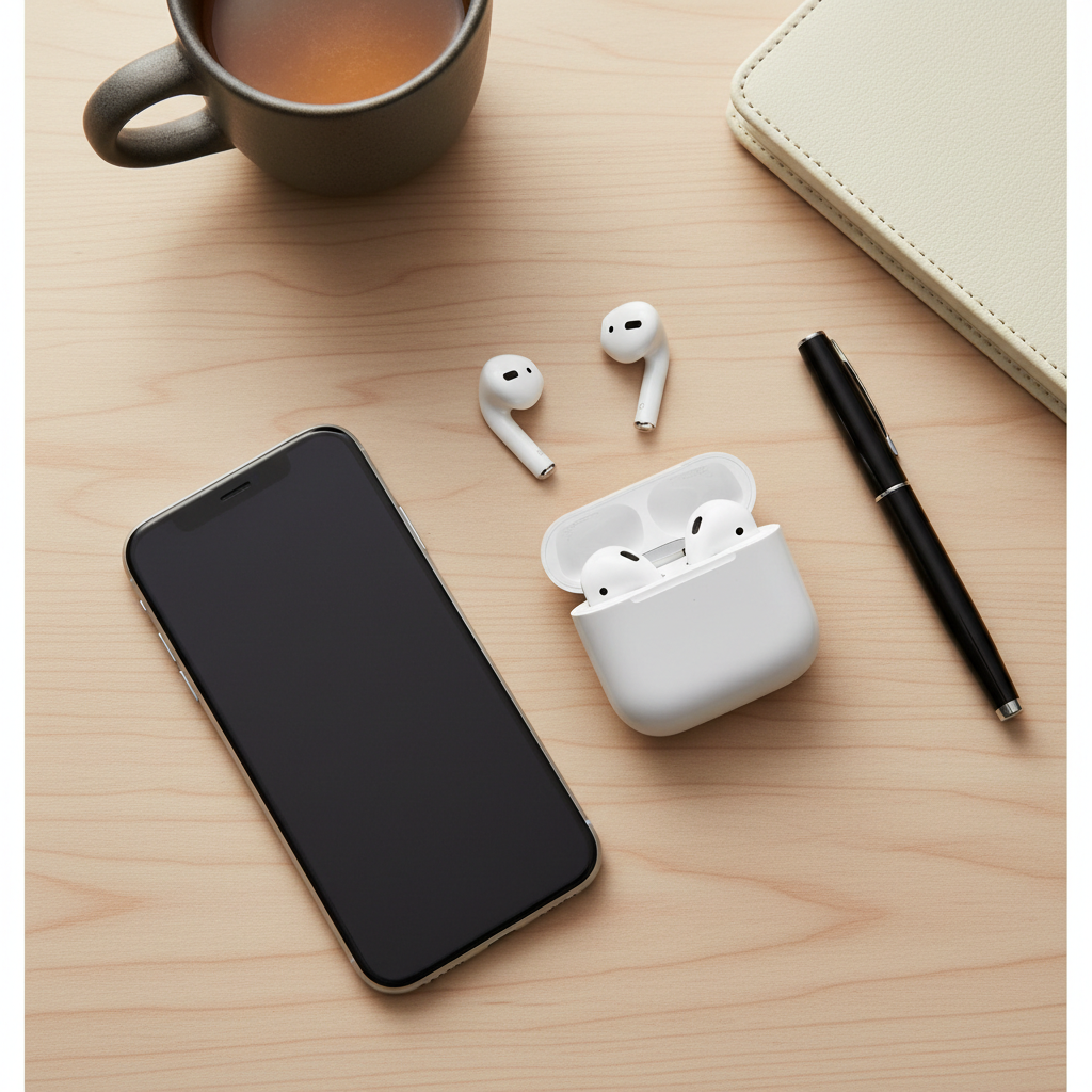 Wooden desk flat lay